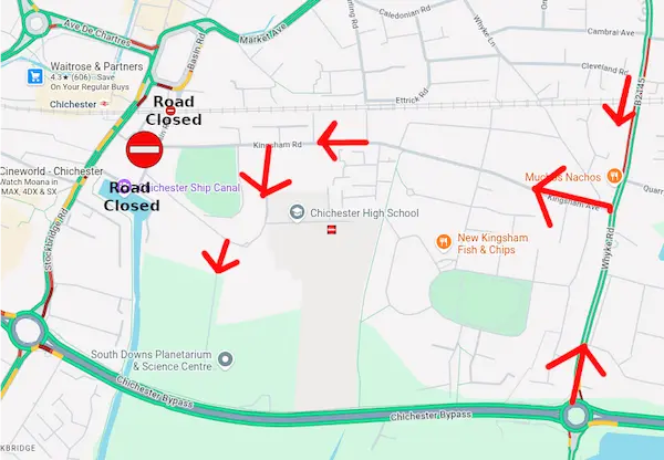 A map showing the road works in Kingsham Road, Chichester